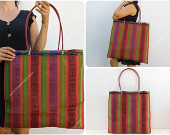 Reusable plastic grocery bag with shoulder straps / Mexican tote bag / Mexican mesh bag / mesh beach bag