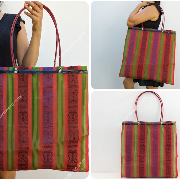 Reusable plastic grocery bag with shoulder straps / Mexican tote bag / Mexican mesh bag / mesh beach bag