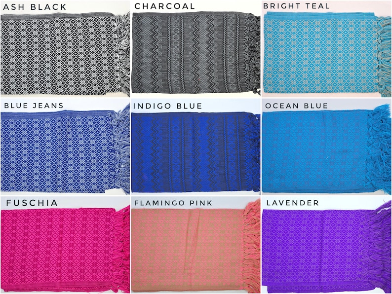 May include: A collection of nine rectangular woven textiles with fringe, labeled as Ash Black, Charcoal, Bright Teal, Blue Jeans, Indigo Blue, Ocean Blue, Fuschia, Flamingo Pink, and Lavender, each featuring distinct geometric patterns.