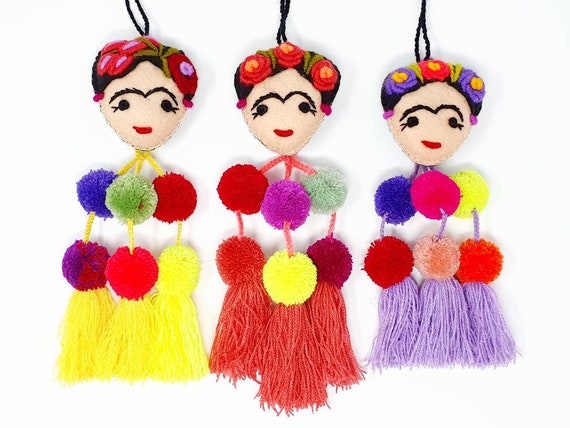Handmade felt Frida Kahlo ornament with pompoms/ Embroidered | Etsy