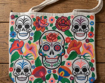 Mexican Sugar Skull Canvas Market Bag – Day of the Dead Tote for Shopping & Everyday