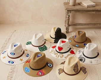 Hand-Painted Fedora Hat, Boho Evil Eye Heart Butterfly Design