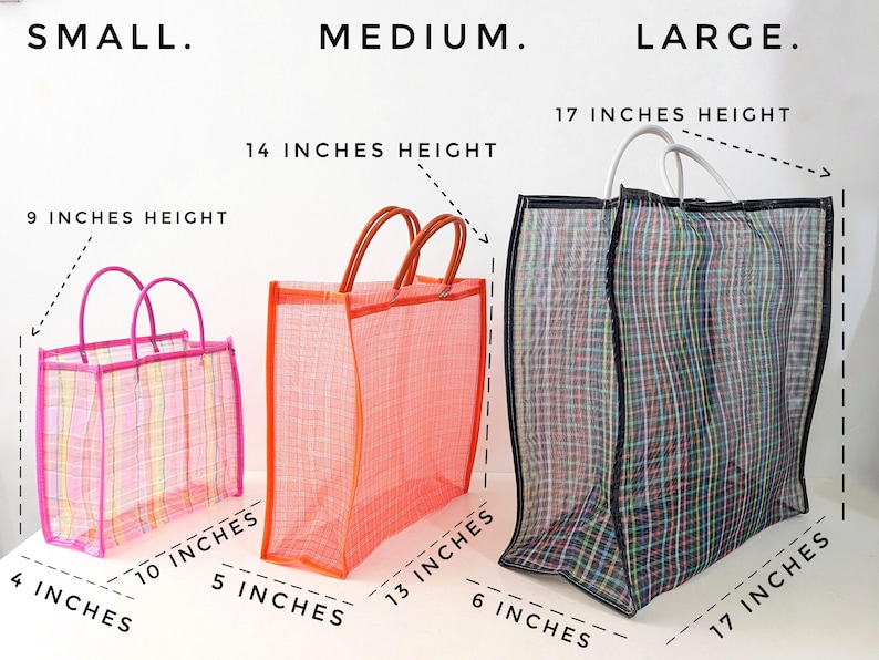 May include: Three rectangular mesh tote bags in small, medium, and large sizes. The small bag is pink with 9 inches height, 10 inches width, 4 inches depth. The medium is orange with 14 inches height, 13 inches width, 5 inches depth. The large is black with 17 inches height, 17 inches width, 6 inches depth.