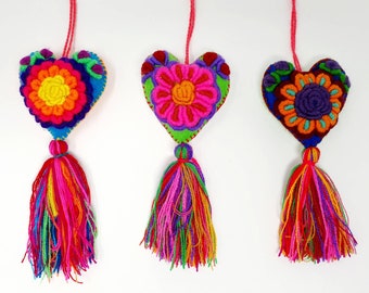 Set of 3 Mexican embroidered Heart tassel /  heart with tassel / valentine heart /