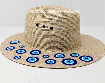 Hand-painted Straw Hat With Evil Eye Decor - Etsy display picture 1
