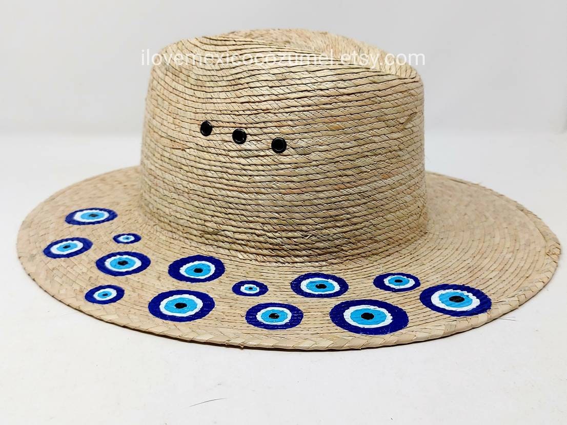 Hand-painted Straw Hat With Evil Eye Decor - Etsy display picture 3