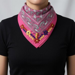 Embroidered Floral Bandana | Handmade Mexican Paliacate Scarf image 3