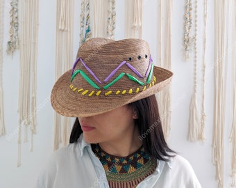 Mexican embroidered straw trilby hat / pork pie straw hat