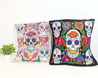 Mexican pillow cases / Embroidered sugar skull pillowcase / skull throw pillow / skull pillow