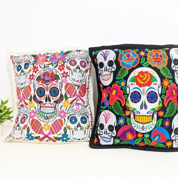 Taies d'oreiller mexicaines / Taie d'oreiller tête de mort en sucre brodée / Coussin tête de mort / Oreiller tête de mort