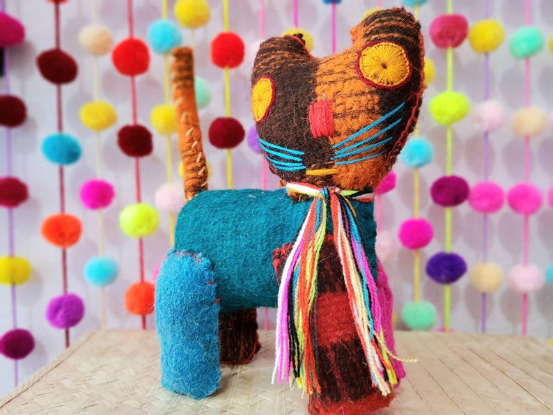 Mexican hand made plushies stuffed natural wool cat plush toys handmade mayan wool cinco de mayo wool toys mexican toy kitty