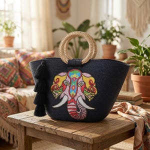 May include: A dark navy blue woven straw handbag featuring a large, colorful sequined elephant design on the front. The bag has two round, light tan woven handles and a long, black multi-tiered tassel hanging from the left side of the handle.