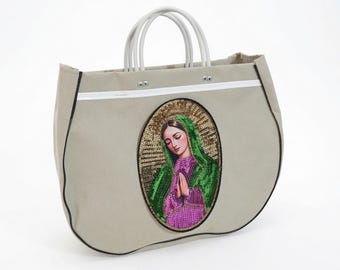 Beige Canvas Market Tote Bag with Large Virgen Mary Sequin Patch
