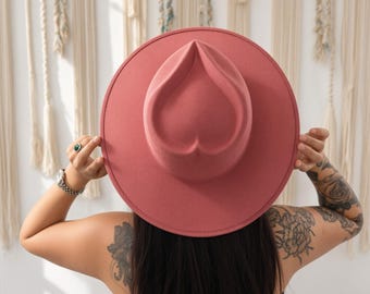 Wildleder-Fedora-Hut mit herzförmiger Krone, handgefertigt, breite Krempe aus Mexiko