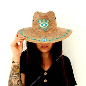 Hand-Painted Straw Hat with Evil Eye Decor