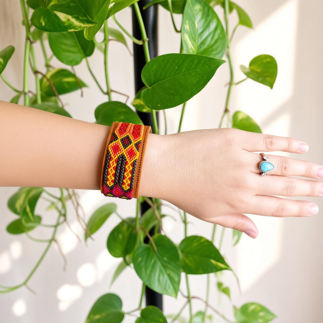 Mexican Leather Friendship Bracelet, 1 Inch Wide Hand Woven
