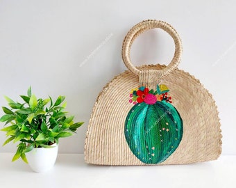Hand-Painted Cactus Straw Bag: Mexican Boho Beach Tote