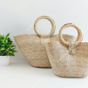Small straw beach tote / handmade market straw bag / mexican tote bag / summer bag / farmer&#39;s market bag /