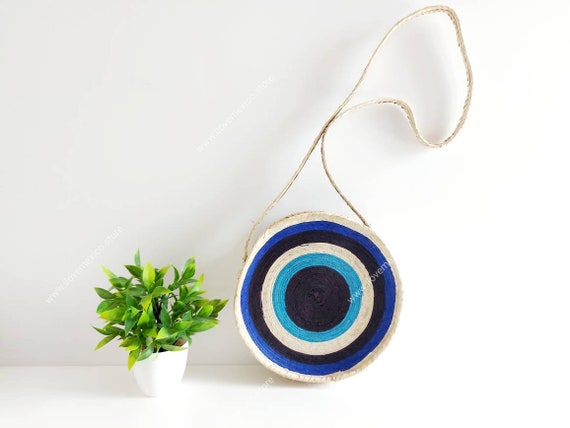 Round Mexican Palm Leaf Bag: Dark Turquoise Beach Tote
