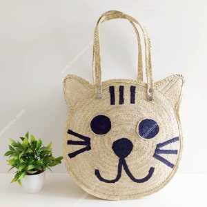 Large cat straw bag / round market bag / mexican beach bag / market tote / colorful handbag / palm leaf round bag / summer bag