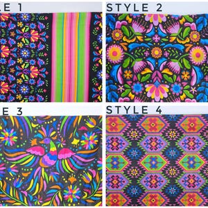 May include: Four fabric swatches labeled Style 1 through 4. Style 1 features vertical stripes and floral bands. Style 2 displays a dense floral pattern. Style 3 shows a colorful bird amidst flowers. Style 4 presents a repeating geometric diamond pattern.