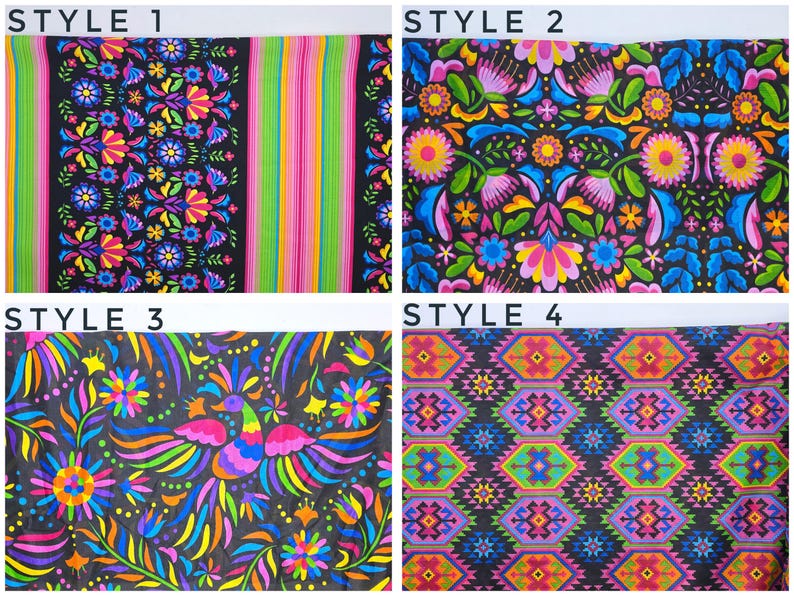 May include: Four fabric swatches labeled Style 1 through 4. Style 1 features vertical stripes and floral bands. Style 2 displays a dense floral pattern. Style 3 shows a colorful bird amidst flowers. Style 4 presents a repeating geometric diamond pattern.
