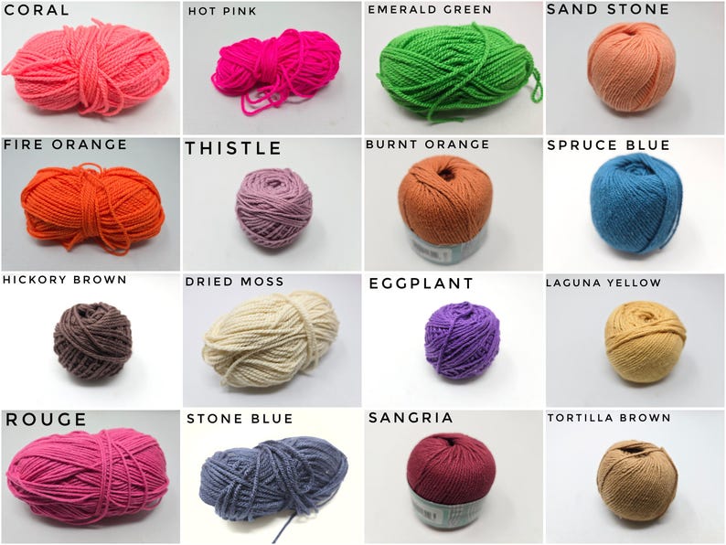 May include: A collection of sixteen yarn balls in various colors including coral, hot pink, emerald green, sand stone, fire orange, thistle, burnt orange, spruce blue, hickory brown, dried moss, eggplant, laguna yellow, rouge, stone blue, sangria, and tortilla brown.