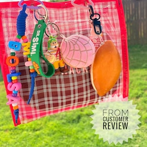 May include: A transparent red and white plaid bag featuring several keychains: a blue, yellow, and pink beaded strand spelling BOLSA, a green Dr. Simi strap, a small figurine of a character in a striped shirt, a pink concha bread charm, and a brown oval charm.