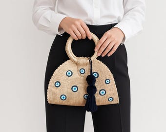 Handmade Straw Evil Eye Beach Bag Market Tote with Navy color pompom tassel