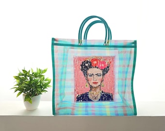 Plastic tote with Frida patch / reusable plastic grocery mesh bag