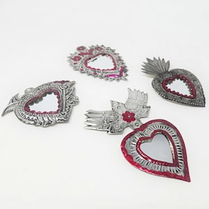 Sacred heart wall decoration with mirror / milagro heart / mexican tin heart wall decor / mexican decor / milagros metal work