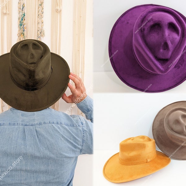 Suede fedora hat with skull shaped crown from Mexico