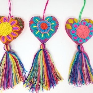 Set of 3 Mexican embroidered Heart tassel /  heart with tassel / valentine heart /