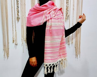 Woven Cotton Rebozo Scarf: Traditional Mayan Geometric Shawl