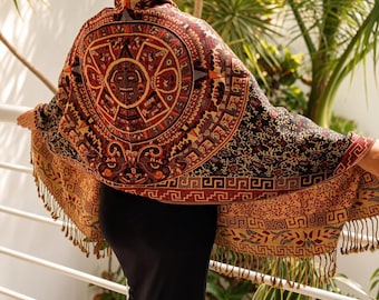 Aztec Calendar Rebozo Scarf | Mexican Woven Shawl with Tassels | Large Boho Festival Wrap