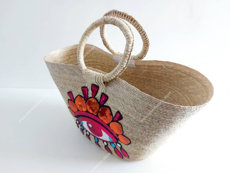 Straw Bag With Evil Eye Sequin Patch / Handmade Market Straw Etsy