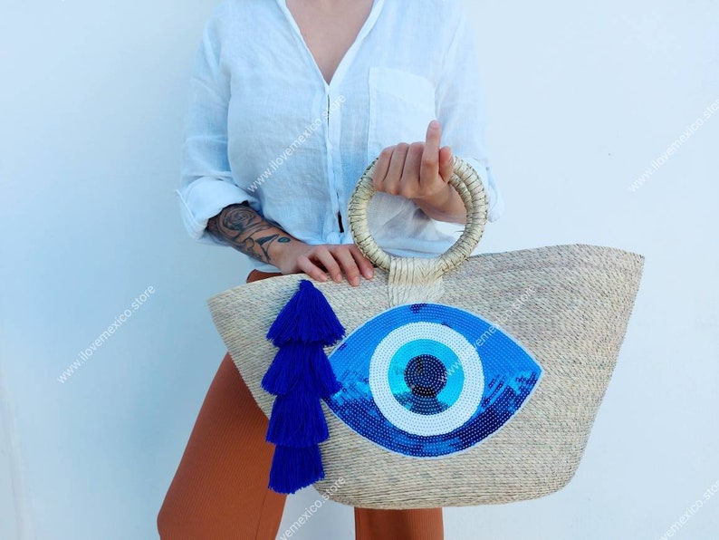 Bolsa de paja boho con parche de lentejuelas de mal de ojo / bolsa de paja de mercado hecha a mano / bolsa de mano mexicana / bolsa de verano / bolsa de mercado de agricultores / imagen 5