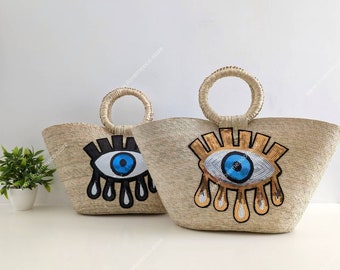 Bolsa de paja mexicana hecha a mano: parche de lentejuelas estilo bohemio con diseño de ojo malvado