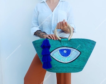 Bolso de paja hecho a mano: bolso mexicano con parche de lentejuelas de ojo malvado