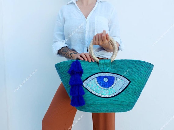 Straw Bag With Evil Eye Sequin Patch / Handmade Market Straw 