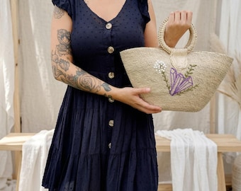 Handmade Small Straw Tote Bag with Crystal Embroidery | Palm Leaf Market Bag