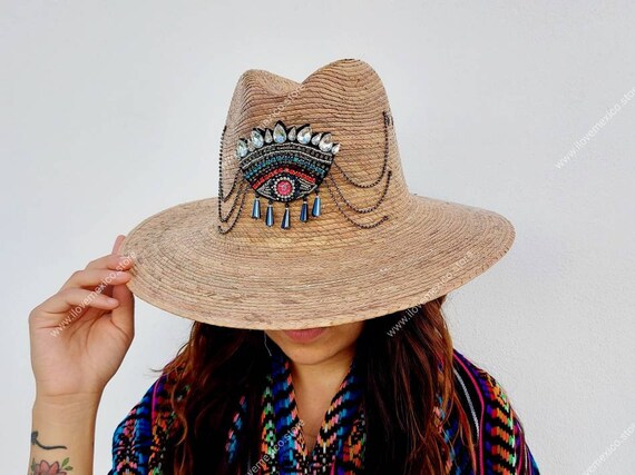 Mexican Straw Hat With Embroidered Eye Decoration - Etsy display picture 1