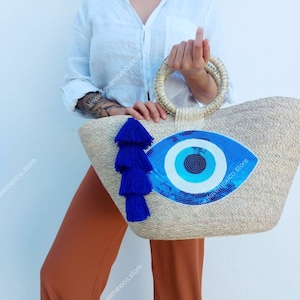 Handgjord halmväska: Boho onda ögat paljettlapp, mexikansk marknadsväska