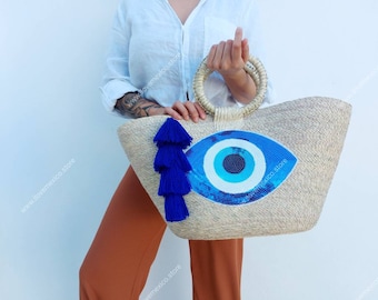 Bolso de paja hecho a mano: parche de lentejuelas estilo bohemio con ojo malvado, bolso de mercado mexicano