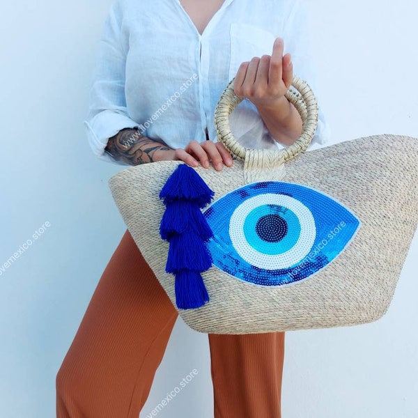 Boho straw bag with evil eye sequin patch / handmade market straw bag / mexican tote bag / summer bag / farmer's market bag /
