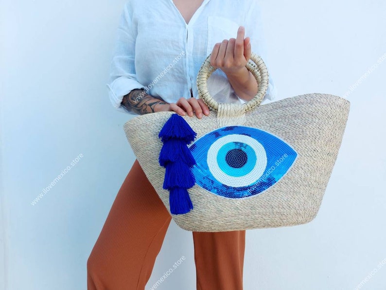 Bolsa de paja boho con parche de lentejuelas de mal de ojo / bolsa de paja de mercado hecha a mano / bolsa de mano mexicana / bolsa de verano / bolsa de mercado de agricultores / imagen 1