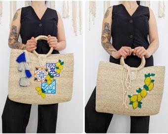 Hand-Painted Lemon Straw Beach Bag: Italian Mediterranean Decor