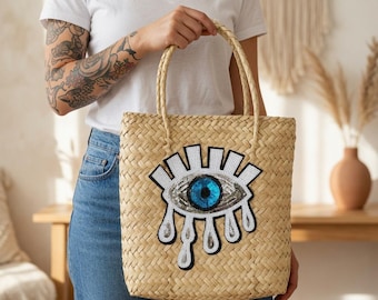 Hand woven beach tote with evil eye decor | Boho Tote Summer Bag