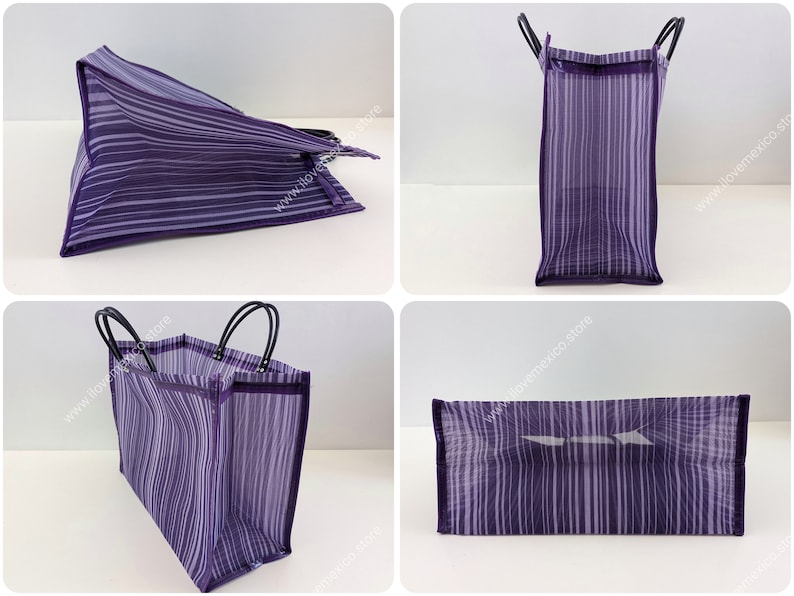 May include: A rectangular tote bag featuring a purple and white vertical striped pattern. The bag is constructed from a semi-transparent mesh material and includes two black handles attached to the top edge. The text ilovemexico.store is visible.