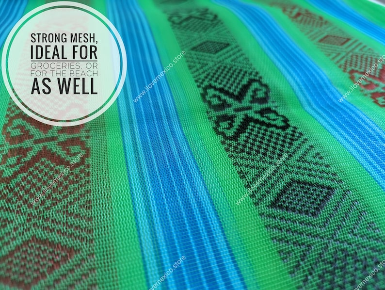 May include: A green and blue mesh fabric featuring vertical stripes and woven geometric patterns in black and dark red. The text on the fabric reads: STRONG MESH, IDEAL FOR GROCERIES, OR FOR THE BEACH AS WELL. The material has a visible grid texture.